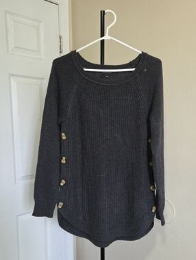 Warehouse One Charcoal Scoop-Neck Side-Button Knit Sweater